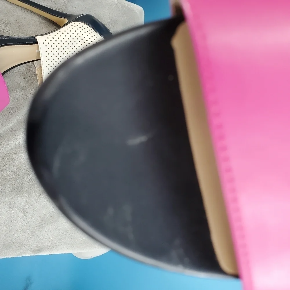 Juicy Couture pink, black and tan strappy heels 7
